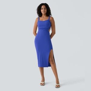 Ruched Backless Crisscross Lace Up Split Bodycon Midi Casual Dress - Aster Blue